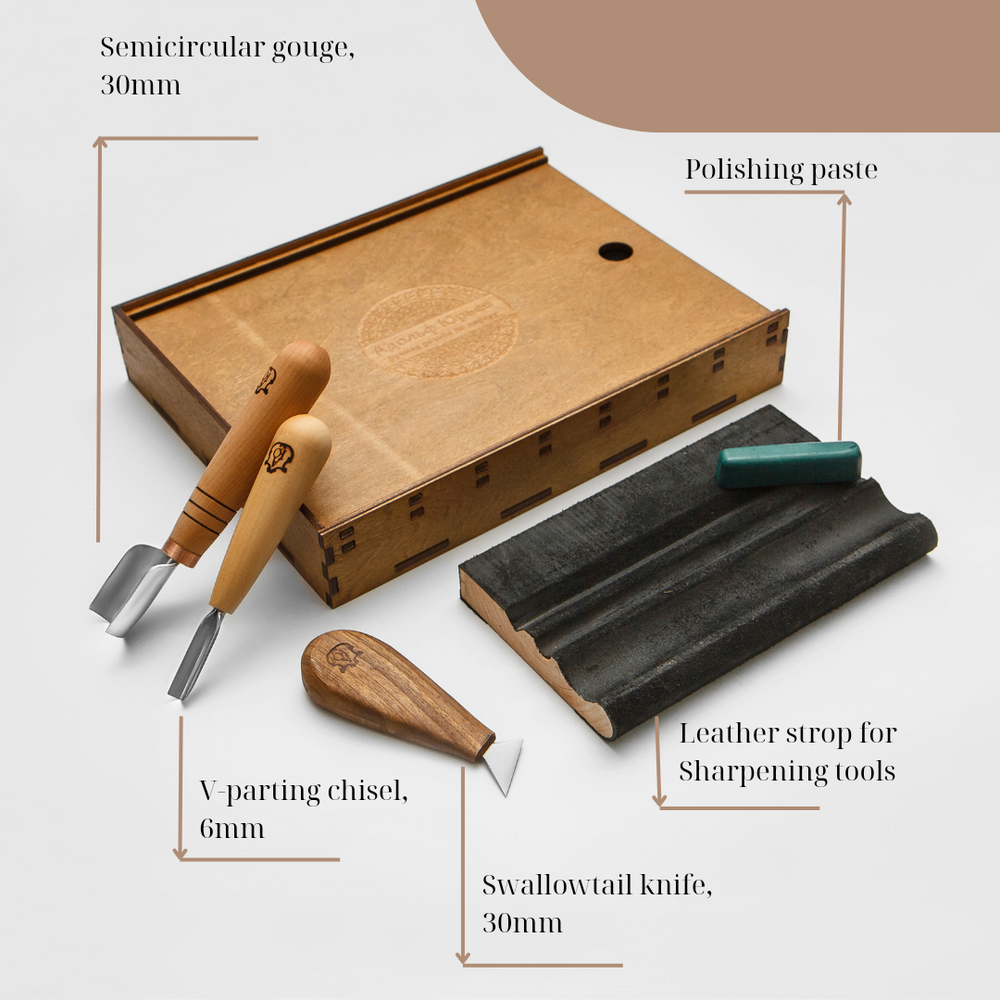 Stryi Basic Wood Carving Tools Set with Contoured Strop and Compound - Wood Tamer