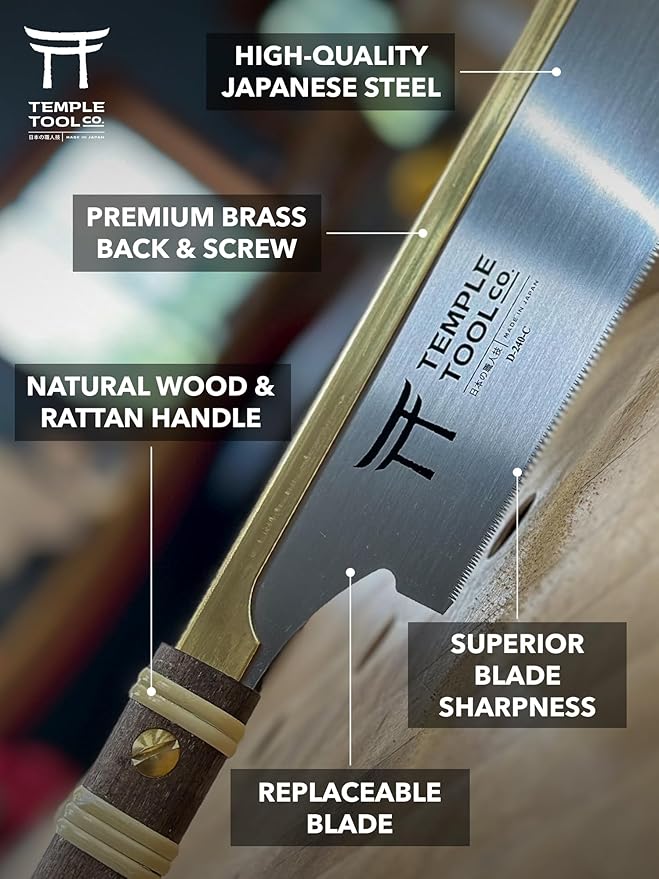 Temple Tool Co. Japanese Dozuki Wood Saw - Crosscut 240mm - Hand Saw for Joinery Crosscuts, Kumiko, Tenon Shoulders - Wood Tamer