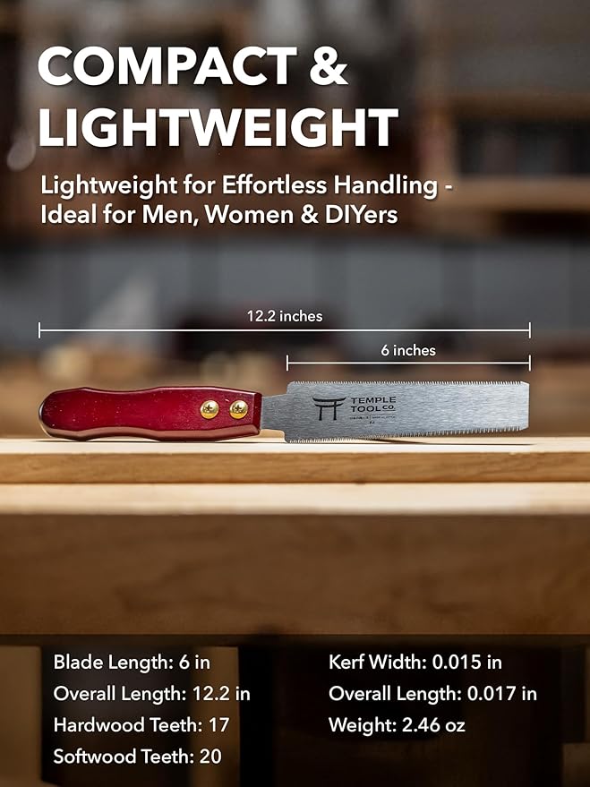 Temple Tool Co. Japanese Flush Cut Saw - 150mm Double Edge Pull Saw for Flush Cutting Dowels, Pegs, Wedges - Hardwood Softwood Hand Saw - Small Wood Saw - Wood Tamer