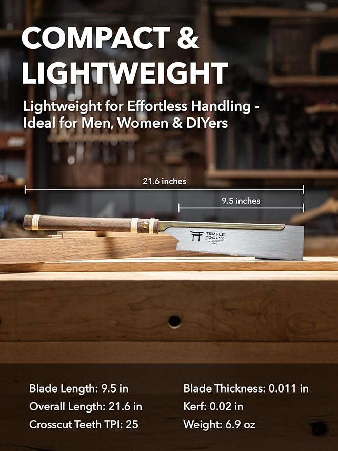 Temple Tool Co. Japanese Dozuki Wood Saw - Crosscut 240mm - Hand Saw for Joinery Crosscuts, Kumiko, Tenon Shoulders - Wood Tamer