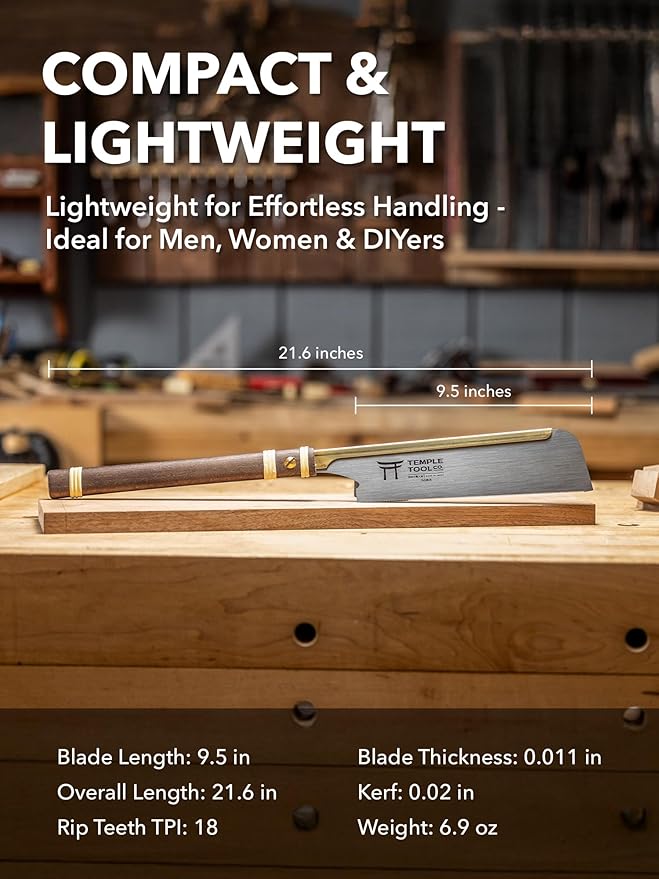 Temple Tool Co. Japanese Dozuki Wood Saw - Rip-Cut 240mm - Hand Saw for Dovetails, Tenons, Fine Joinery - Wood Tamer