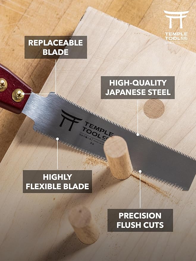 Temple Tool Co. Japanese Flush Cut Saw - 150mm Double Edge Pull Saw for Flush Cutting Dowels, Pegs, Wedges - Hardwood Softwood Hand Saw - Small Wood Saw - Wood Tamer
