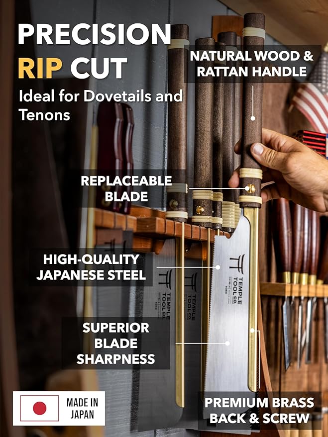 Temple Tool Co. Japanese Dozuki Wood Saw - Rip-Cut 240mm - Hand Saw for Dovetails, Tenons, Fine Joinery - Wood Tamer