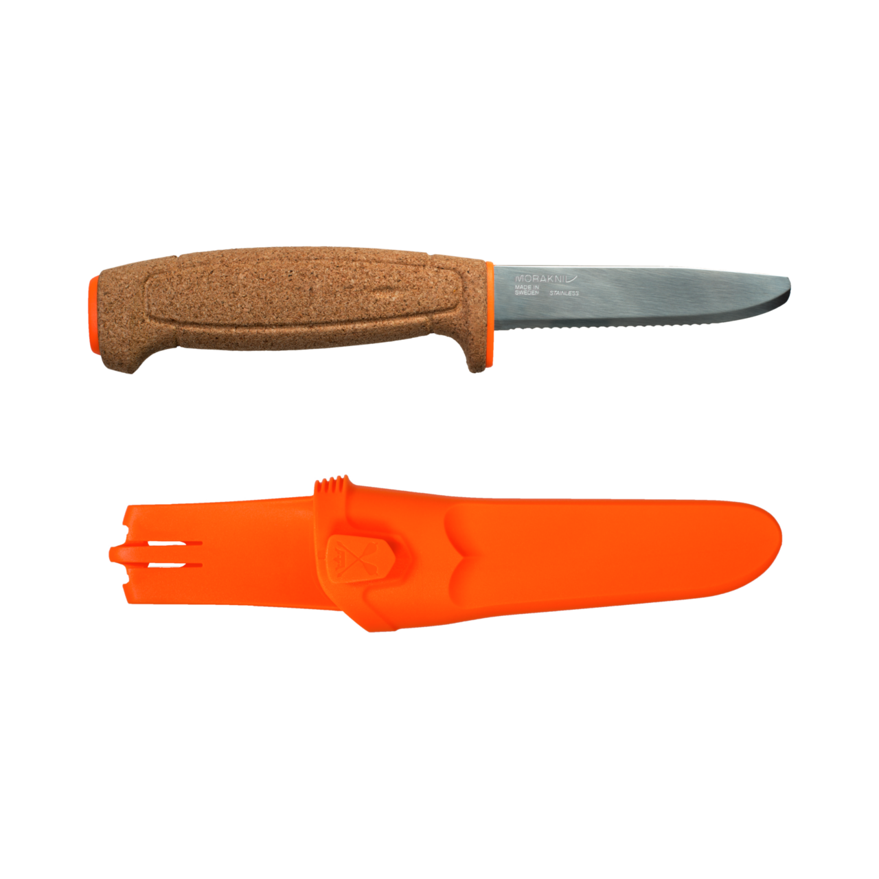 Morakniv 3.75 inch Polished Blunt Tip Blade Floating Serrated Knife with Orange Polymer Sheath