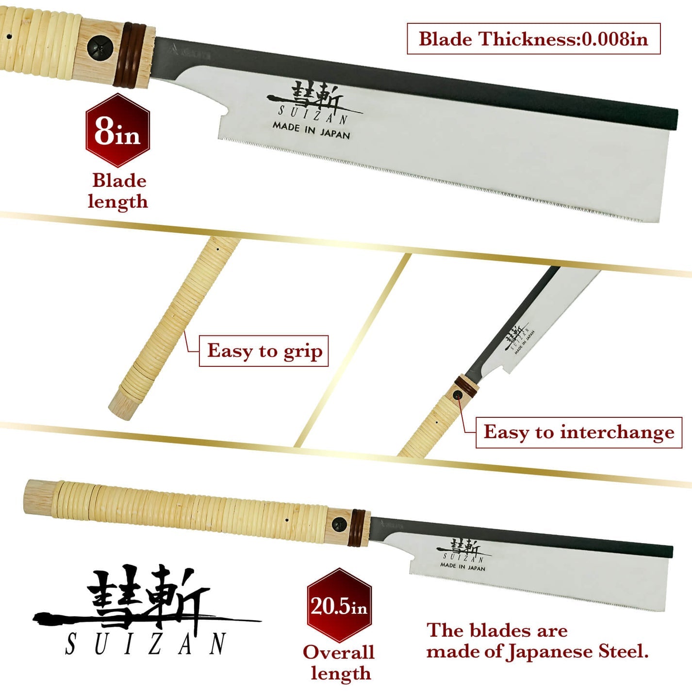 SUIZAN Japanese Hand Saw 8 Inch Ultra Fine Cut Dozuki Dovetail Blade Pull Saw for Woodworking - Wood Tamer