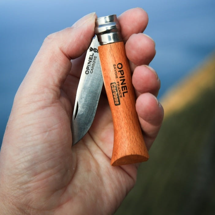 Opinel Traditional Classic No8 Carbon Steel Varnished Beech 8.5cm Blister Pack - Wood Tamer