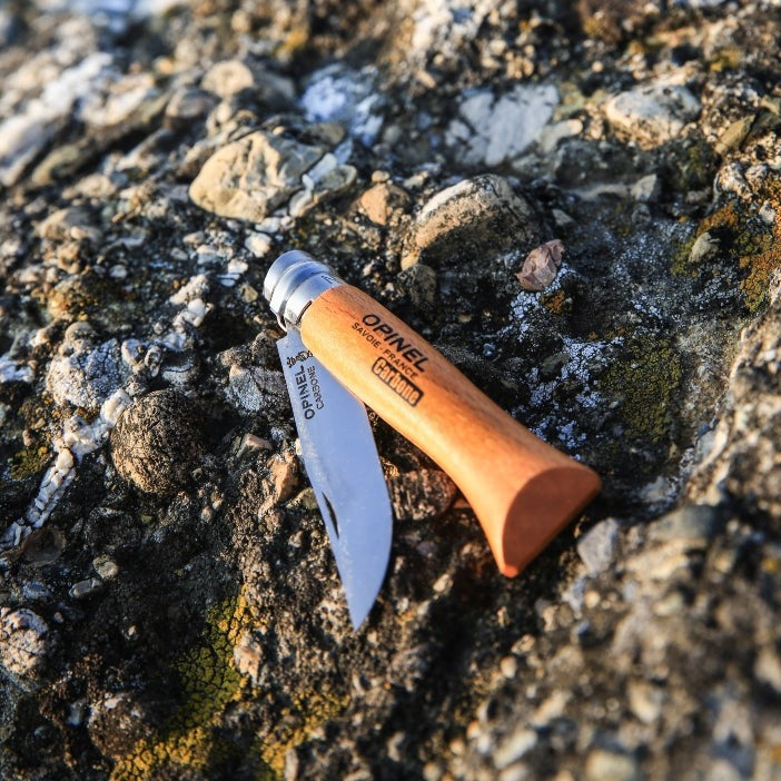 Opinel Traditional Classic No8 Carbon Steel Varnished Beech 8.5cm Blister Pack - Wood Tamer