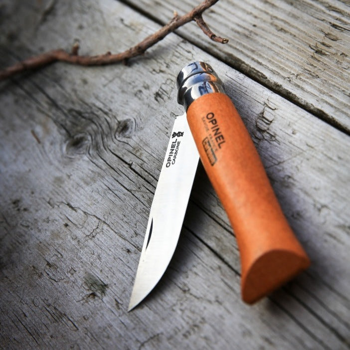 Opinel Traditional Classic No8 Carbon Steel Varnished Beech 8.5cm Blister Pack - Wood Tamer