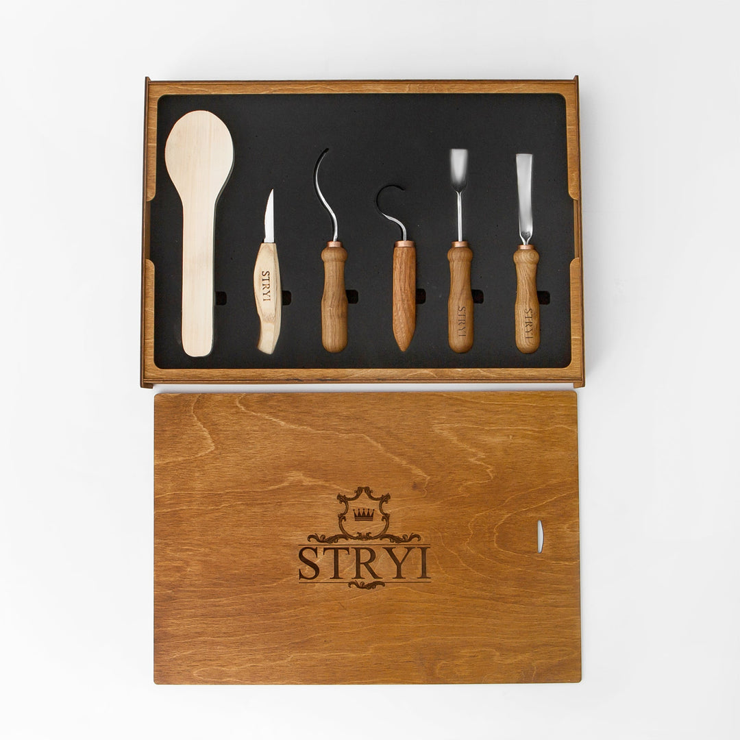 Stryi Spoon Carving toolset 5pcs in wooden gift storage box - Wood Tamer