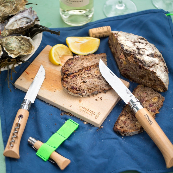 Opinel Nomad Cooking Kit (No10 Corkscrew No12 Serrated No06 Peeler Cutting Board Towel) - Wood Tamer