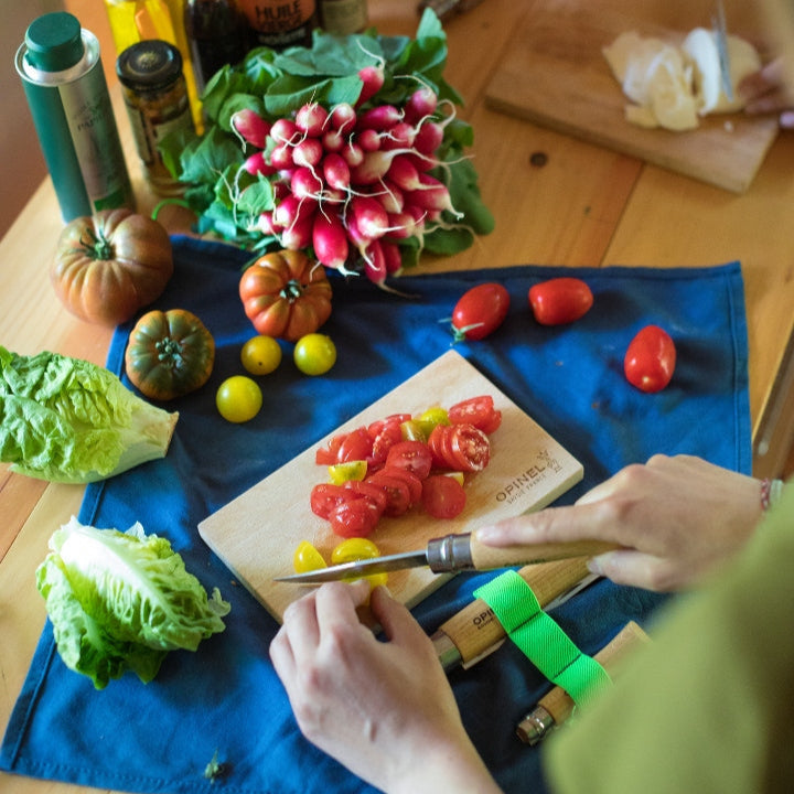 Opinel Nomad Cooking Kit (No10 Corkscrew No12 Serrated No06 Peeler Cutting Board Towel) - Wood Tamer