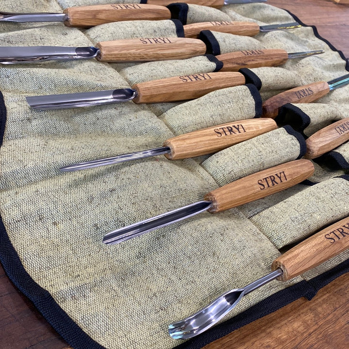 Stryi 12 Piece Wood Carving Gouge/Chisel Set in Canvas Wrap - Wood Tamer