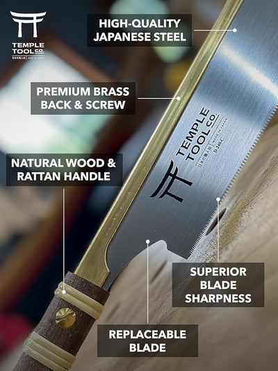 Temple Tool Co. Japanese Dozuki Wood Saw - Crosscut 240mm - Hand Saw for Joinery Crosscuts, Kumiko, Tenon Shoulders - Wood Tamer