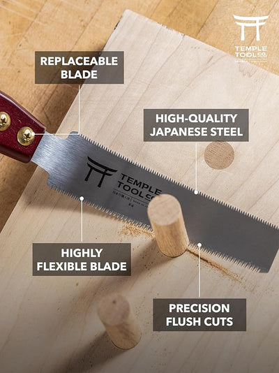 Temple Tool Co. Japanese Flush Cut Saw - 150mm Double Edge Pull Saw for Flush Cutting Dowels, Pegs, Wedges - Hardwood Softwood Hand Saw - Small Wood Saw - Wood Tamer
