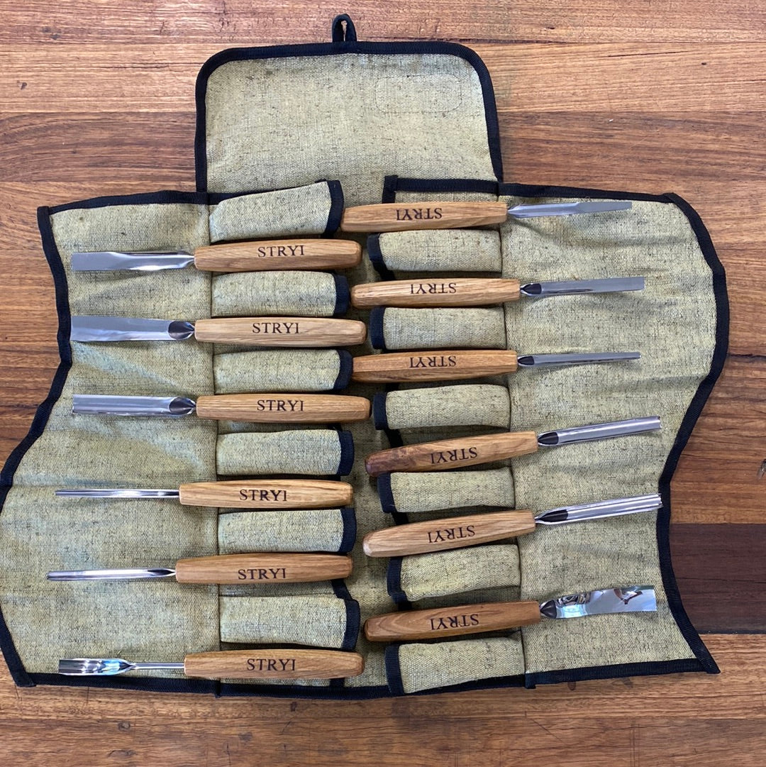 Stryi 12 Piece Wood Carving Gouge/Chisel Set in Canvas Wrap - Wood Tamer