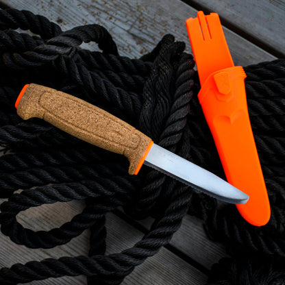 Morakniv 3.75 inch Polished Blunt Tip Blade Floating Serrated Knife with Orange Polymer Sheath