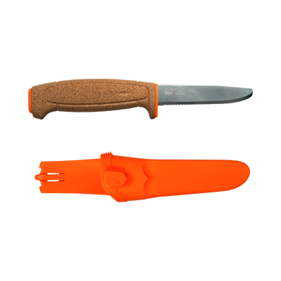 Morakniv 3.75 inch Polished Blunt Tip Blade Floating Serrated Knife with Orange Polymer Sheath - Wood Tamer