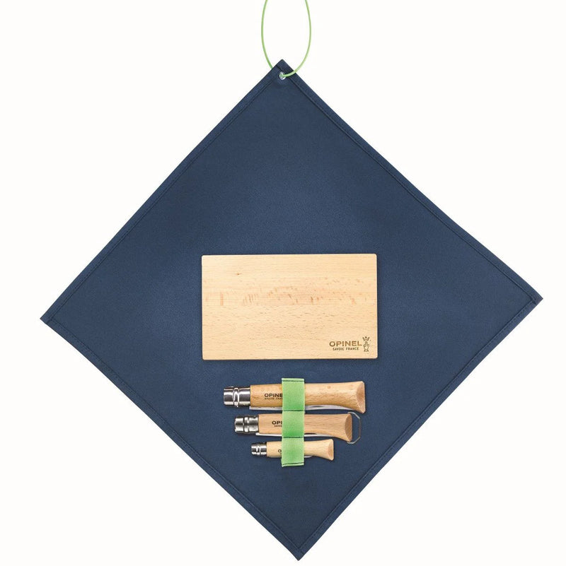 Opinel Nomad Cooking Kit (No10 Corkscrew No12 Serrated No06 Peeler Cutting Board Towel) - Wood Tamer