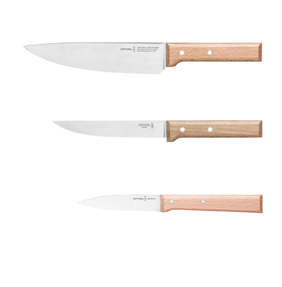 Opinel Parallele S/S 3pc Knife Set (Paring 8cm Chef 20cm Carving 16cm) - Wood Tamer