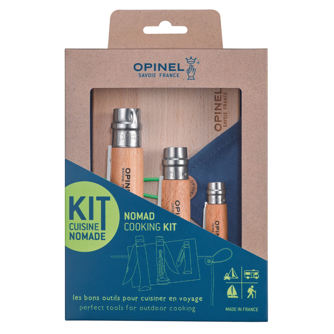 Opinel Nomad Cooking Kit (No10 Corkscrew No12 Serrated No06 Peeler Cutting Board Towel) - Wood Tamer