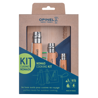 Opinel Nomad Cooking Kit (No10 Corkscrew No12 Serrated No06 Peeler Cutting Board Towel) - Wood Tamer