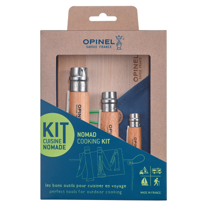 Opinel Nomad Cooking Kit (No10 Corkscrew No12 Serrated No06 Peeler Cutting Board Towel) - Wood Tamer