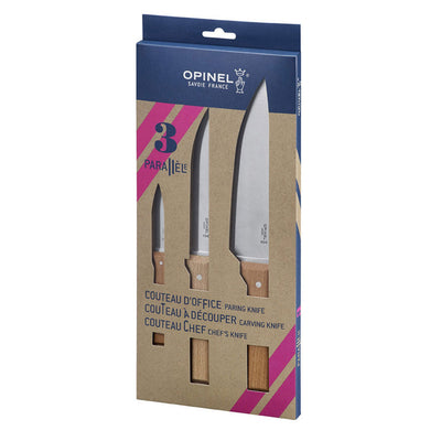 Opinel Parallele S/S 3pc Knife Set (Paring 8cm Chef 20cm Carving 16cm) - Wood Tamer