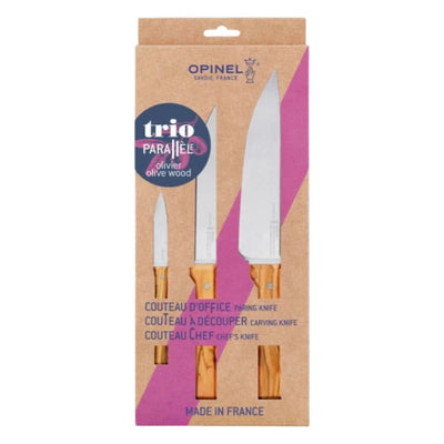 Opinel Parallele S/S 3pc Knife Set (Paring 8cm Chef 20cm Carving 16cm) - Wood Tamer