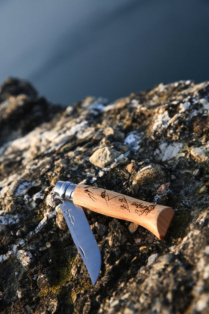 N°08 Limited Edition Engraved Handle Folding Knife - Alpine Adventures - Wood Tamer